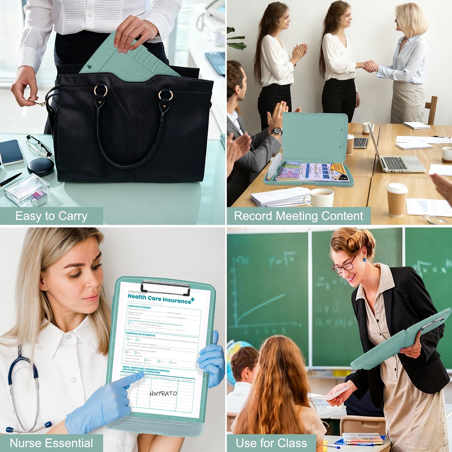 HWPRATO Glitter Clipboard with Storage, Clip Boards 8.5x11 with Pen Holder, Binder Clipboards with Low Profile Clip Heavy Duty Plastic Nursing Clipboard Folder Side Opening (Glitter Grayish Green)