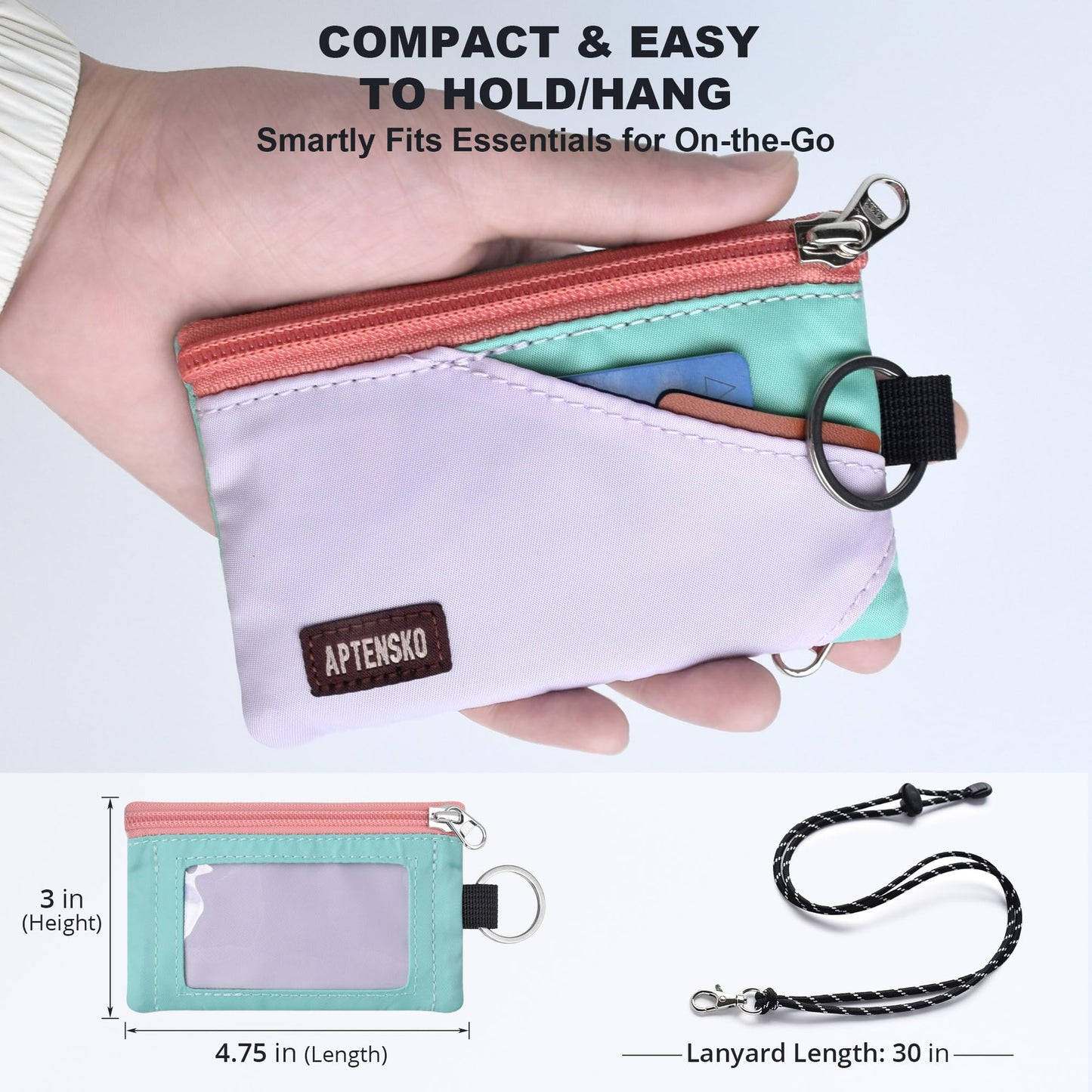 APTENSKO RFID Blocking Travel Wallet with Adjustable Lanyard, Small Nylon Zipper Pouch and Badge Holder for ID, Credit Cards, Cash, Keys, Commuters (SoftLilac+MintAqua)