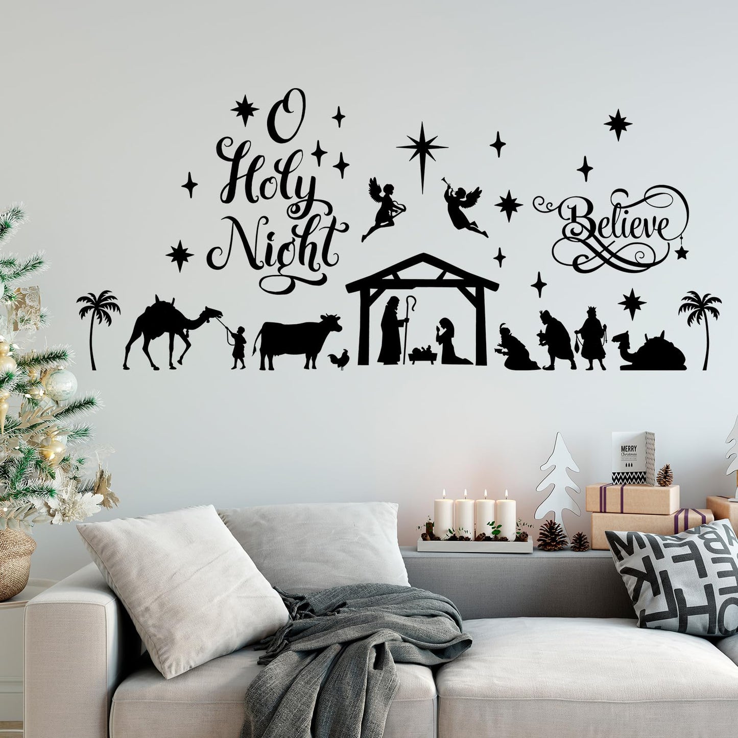 Chinco Large Christmas Nativity Scene Wall Decor Stickers Nativity Vinyl Wall Decal Christmas Decorations Religious Murals Modern for Xmas Room Decor, Black (O Holy Night)