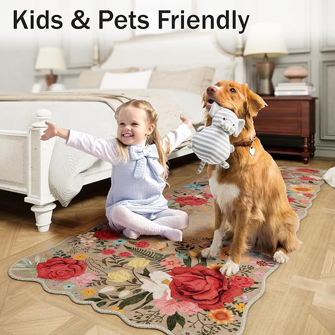 Washable Entryway Small Area Rugs: Door Mat Indoor Entrance 2x3 Floral Rug Ultra Thin Stain Resistant Non Slip Low Pile Lightweight Carpet for Kitchen, Front Door, Small Spaces Decor (Khaki)