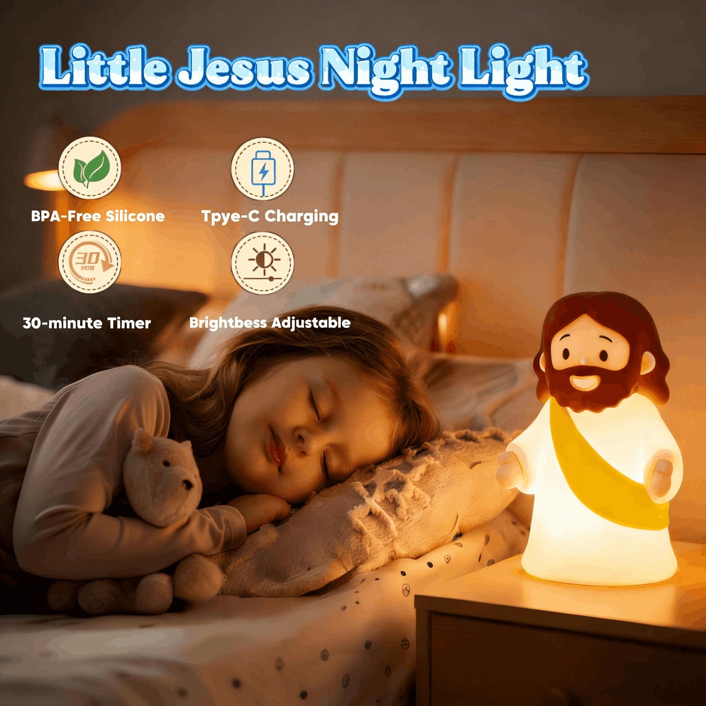 magical JD Little Jesus Night Light, Mini Silicone Jesus Lamp, Dimmable Rechargeable Touch Bedside Lamp for Nursery & Kids, Ideal Religious Gift for Christmas, Easter and Baptism(Yellow)