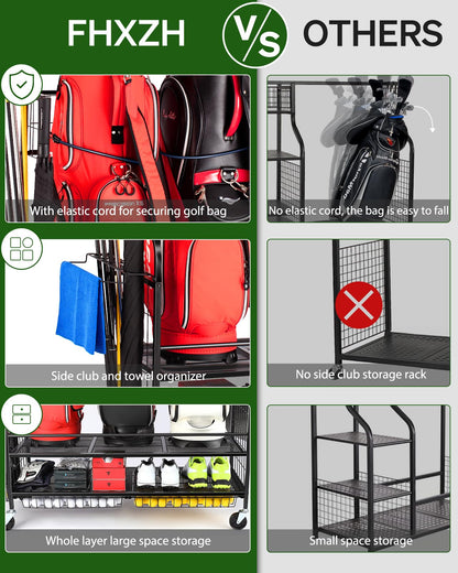 FHXZH 3 Golf Bag Storage Garage Organizer, Golf Bag Stand Fit for 3 Golf Bags, Golf Clubs, Golf Balls, Golf Equipment Accessories, Storage Rack with Wheels for Garage, Club, Shed, Basement
