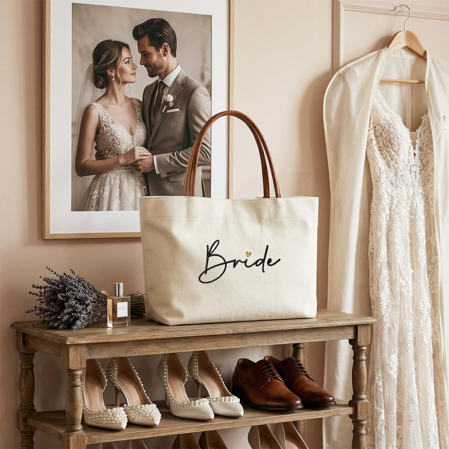Ugiftcorner Bridal Shower Gifts for Bride Tote Bag, Embroidered Canvas Wedding Essential Bag with Leather Handle & Pocket, Bride to be Gifts, Bachelorette Honeymoon Beach Bag