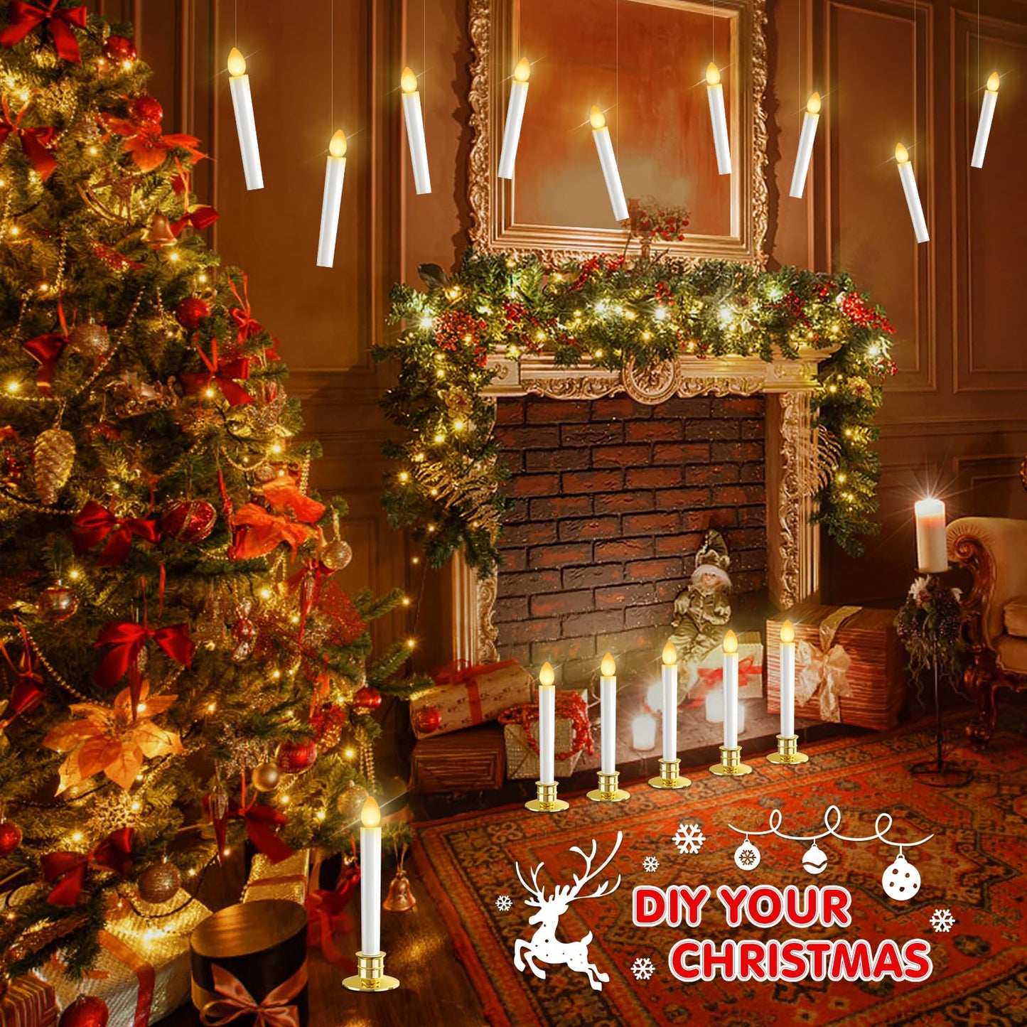 10 Pack Christmas Window Candles Lights Flameless Candle Battery Operated Candles with Remote Control Timer Gold Holders LED Candle for Party Table Top Xmas Thanksgiving Christmas Window Decorations