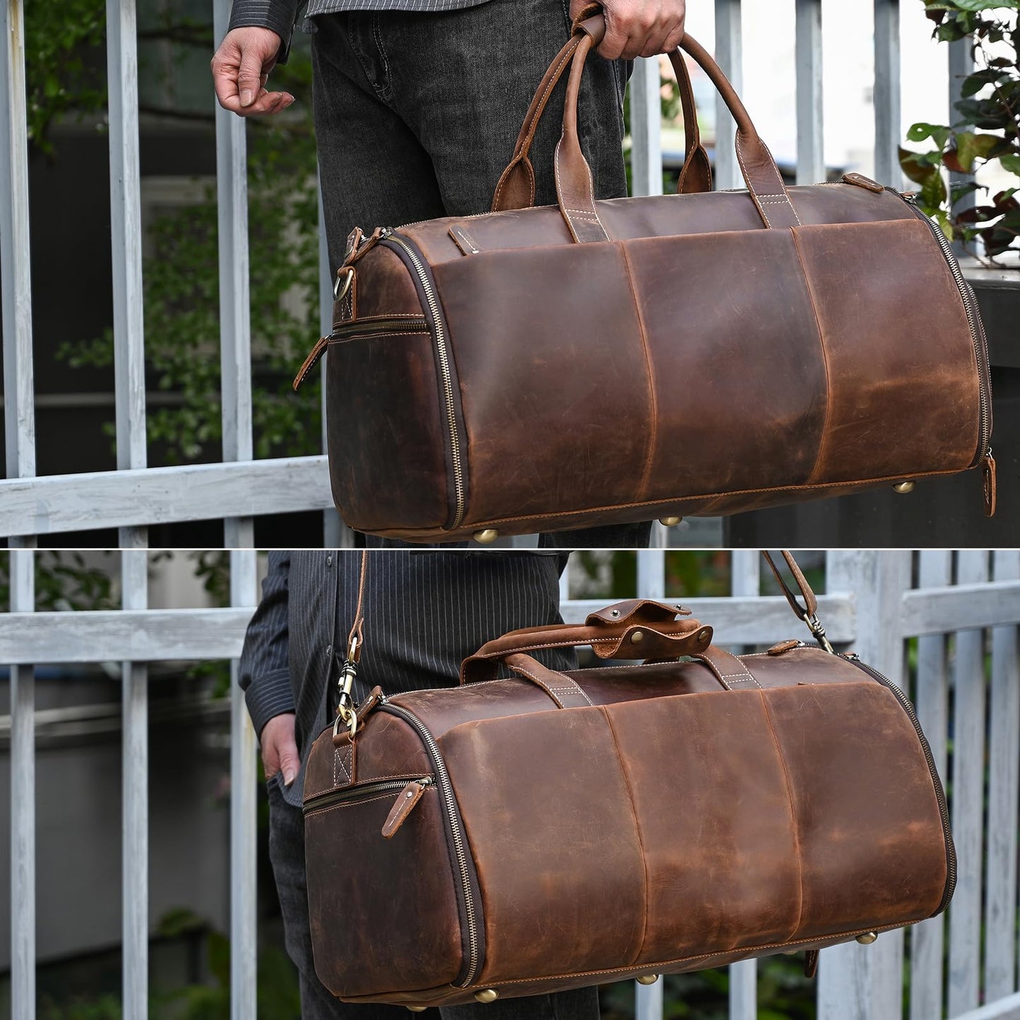 Men's Carry On Garment Bag, Convertible Garment Bag Full Grain Leather Duffle Bags with Shoe Pouch, 2 in 1 Hanging Suitcase Suit Travel Bags