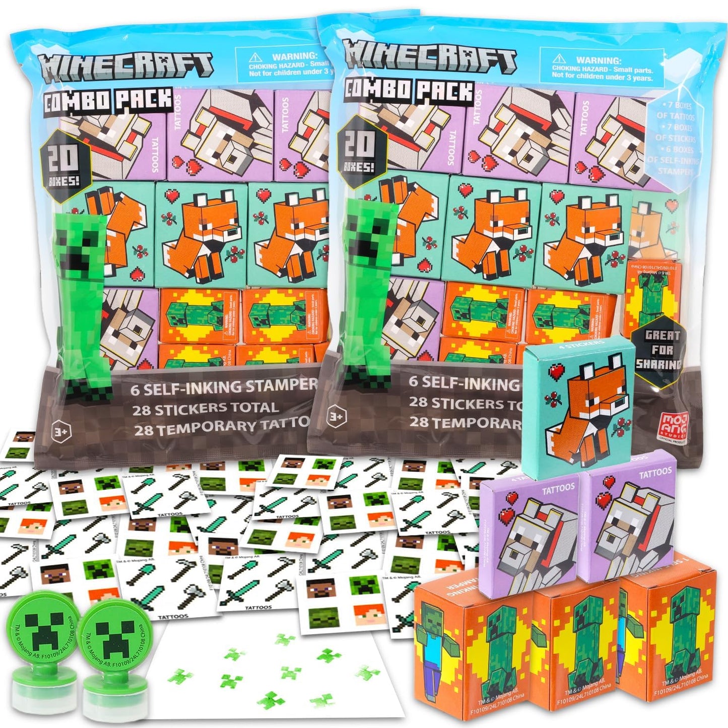 Minecraft Party Favor Boxes Set - Bundle with 40 Minecraft Stickers, Tattoos, Stampers for Easter Basket Fillers and More