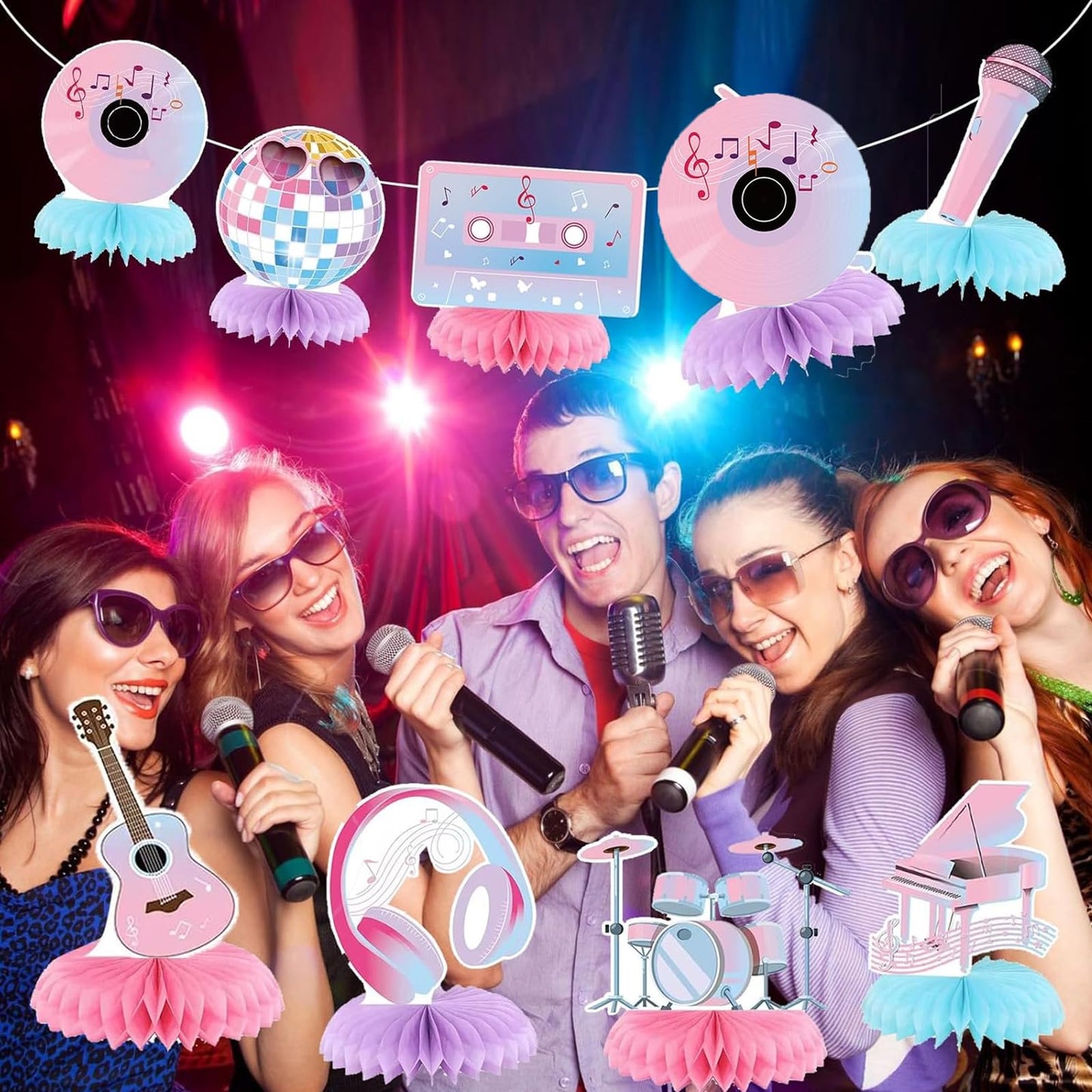 Popular Birthday Party Decorations Music Party Honeycomb Centerpieces Guitar Themed Decorations for Girls Birthday Fans Celebration Supplies