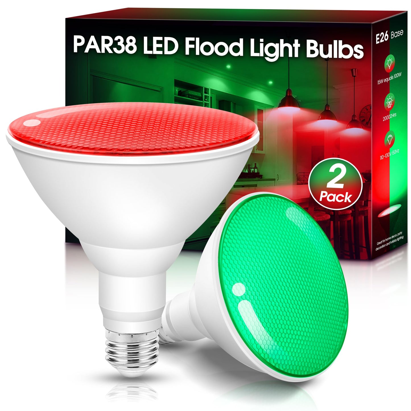 Fulighture Red and Green Light Bulbs 【2 Pack】, Par38 LED Red Green Flood Light Bulbs Outdoor for Christmas Decor 15W E26, Christmas Light Bulb Porch Home Lighting, Non-Dimmable