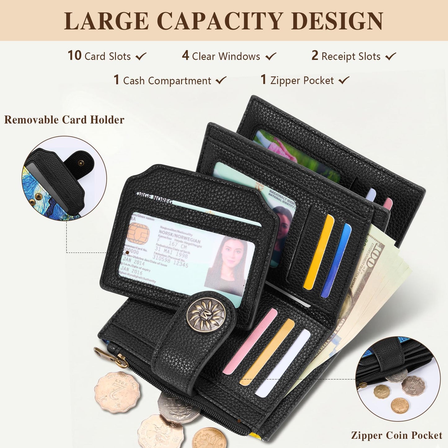 Mayski Starry Night Cat Small RFID Wallet Women, PU Leather Bifold Zipper Coin Pocket Compact Cash Credit Card Holder Purse, Cute Travel Wallet for Female Ladies Teen Girls, 4 ID Window 14 Card Slots
