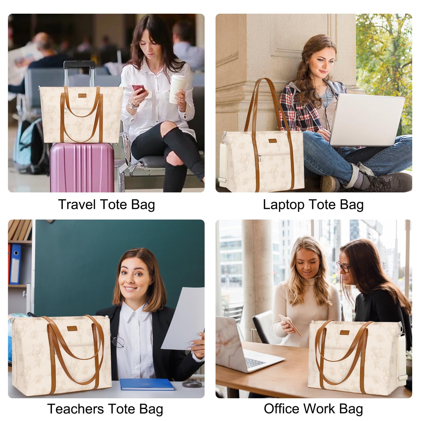 Laptop Bag for Women 17 Inch, Leather Laptop Tote Bag Waterproof Computer Bag Office Work Bag Business Briefcase with Compartment&Shoulder Straps (A3-Beige/Brown Flower, 17.3 inch)