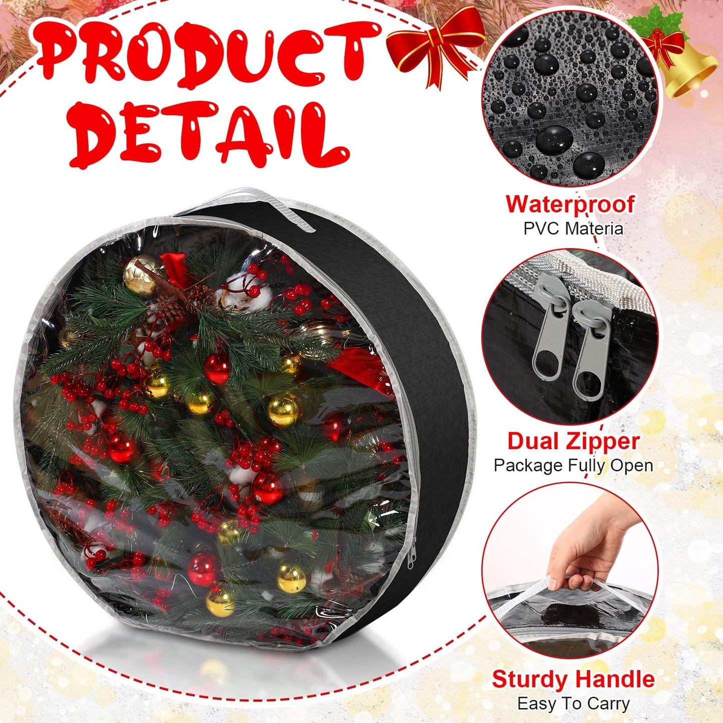 Aliceset 4 Pack Wreath Storage Containers, Ornament Garland Wreath Storage Bags with Handle Zipper Decorative Storages Box for Christmas in July Wreaths(24 x 24 x 7.8 Inch,Black)