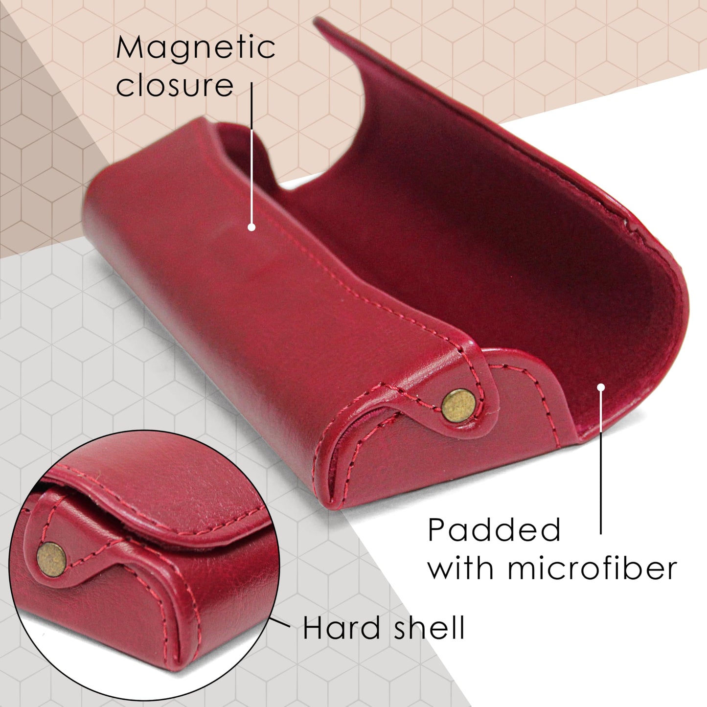 Orsus Burgundy Hard Reading Glasses Case for Women, PU Leather Eyeglass Case with Magnetic Closure & Felt Lining B10RD