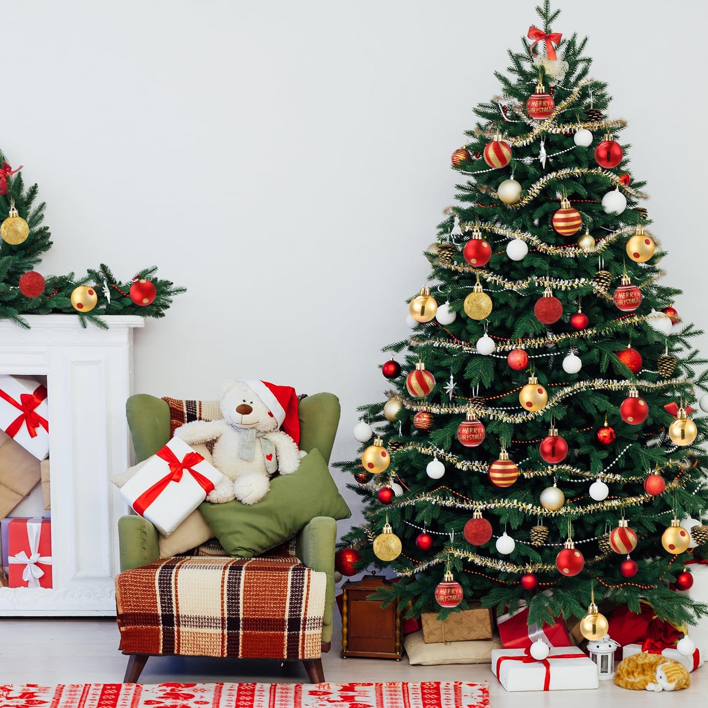 Celltestria 36pcs Mini Christmas Balls Ornament 1.57 Inch Red Gold Little Hanging Xmas Balls for Tree Decoration Swirl Candy Cane Polka Dots Tiny Christmas Baubles for Home Indoor Holiday Party Decor