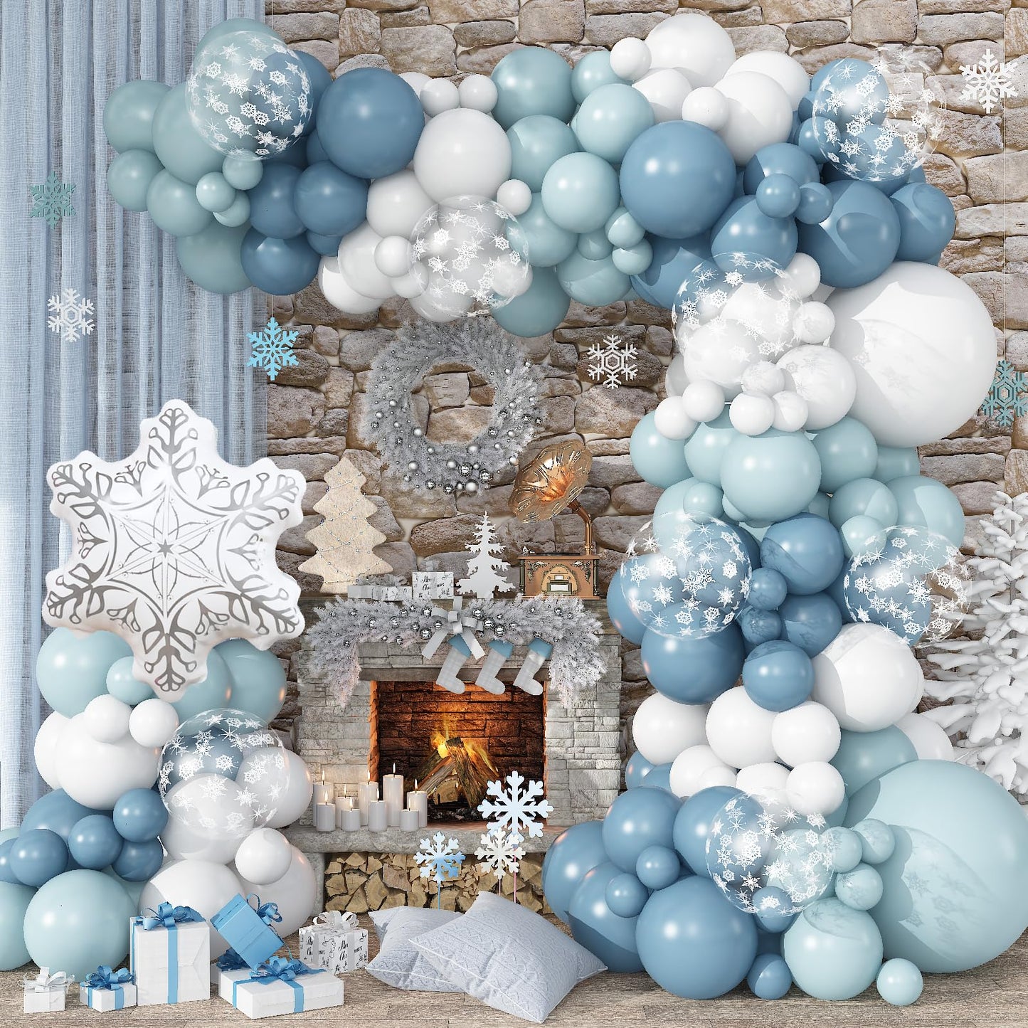 Winter Wonderland Balloons Garland Arch Kit, 101Pcs Dusty Blue White Balloons with Snowflake Foil Balloon for Christmas Xmas Holiday Ice Snow Girl Princess Theme Baby Shower Birthday Party Decorations