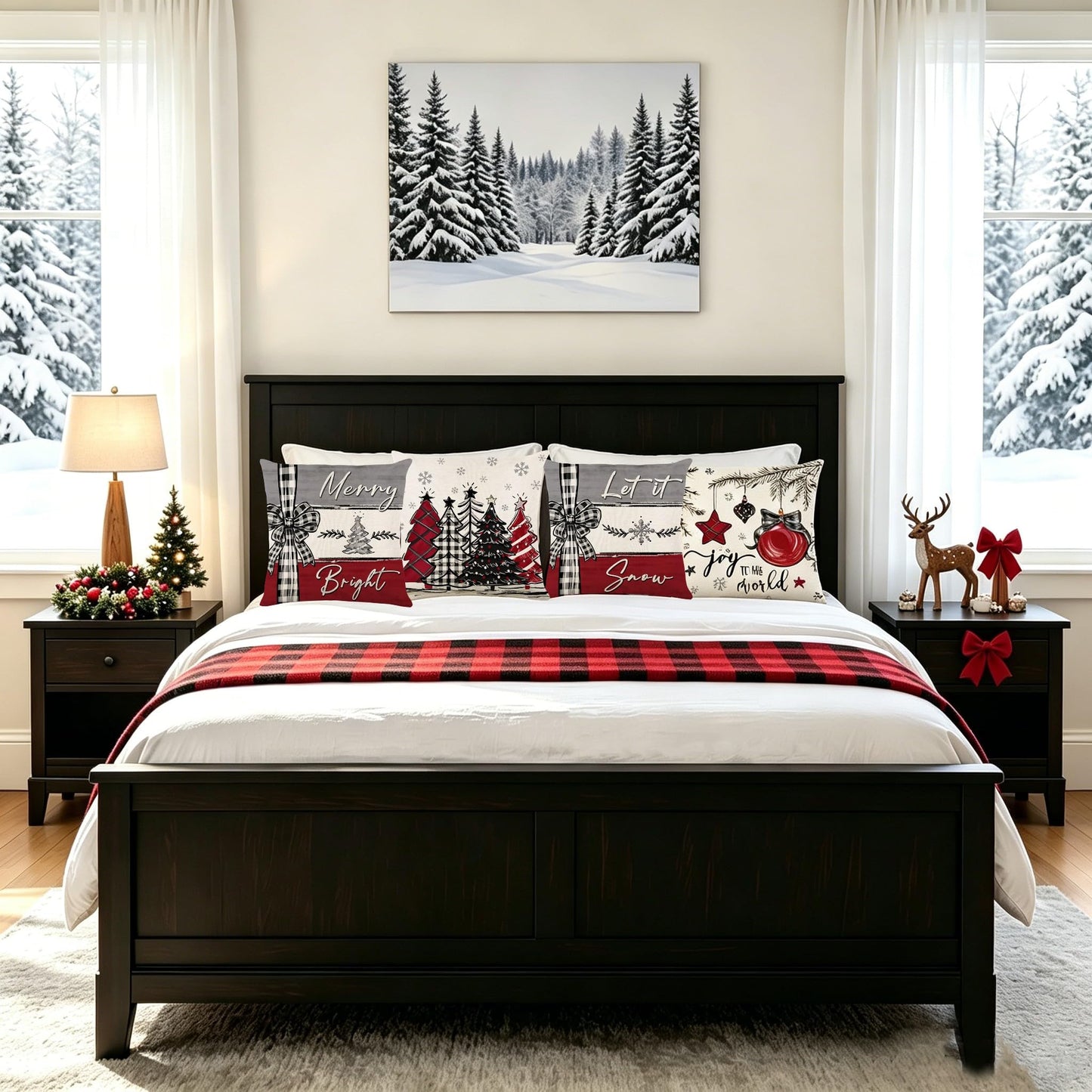 Ni-JASW Red Grey Plaid Christmas Throw Pillow Covers 18x18 inch, Farmhouse Let it Snow Tree Balls Xmas Cushion Case for Sofa Couch Set of 4