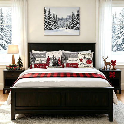 Ni-JASW Red Grey Plaid Christmas Throw Pillow Covers 18x18 inch, Farmhouse Let it Snow Tree Balls Xmas Cushion Case for Sofa Couch Set of 4