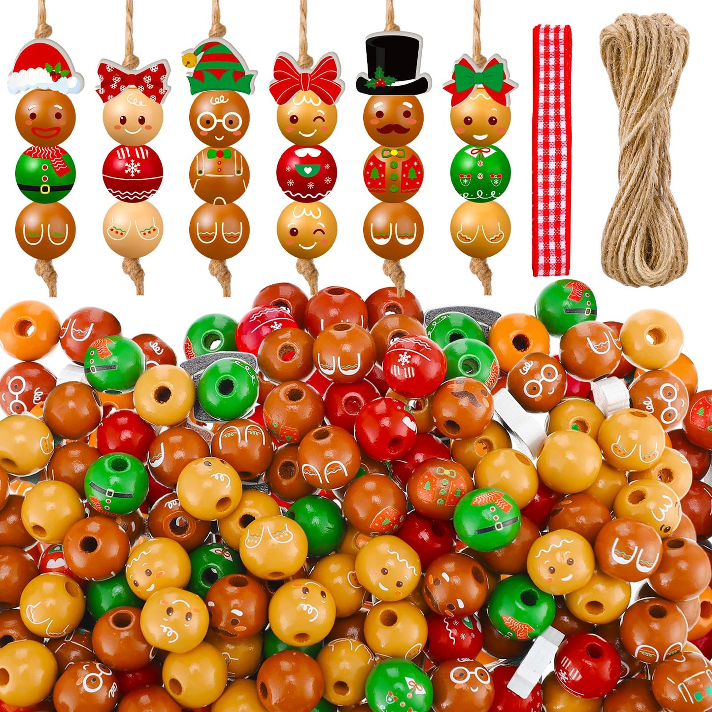 Cinnvoice 240 Pcs Winter Wood Beads with Twine Snowman Gingerbread Man Nutcracker Wooden Bead Garland DIY Crafts Round Beads for Holiday Party Farmhouse Home(Gingerbread Man)