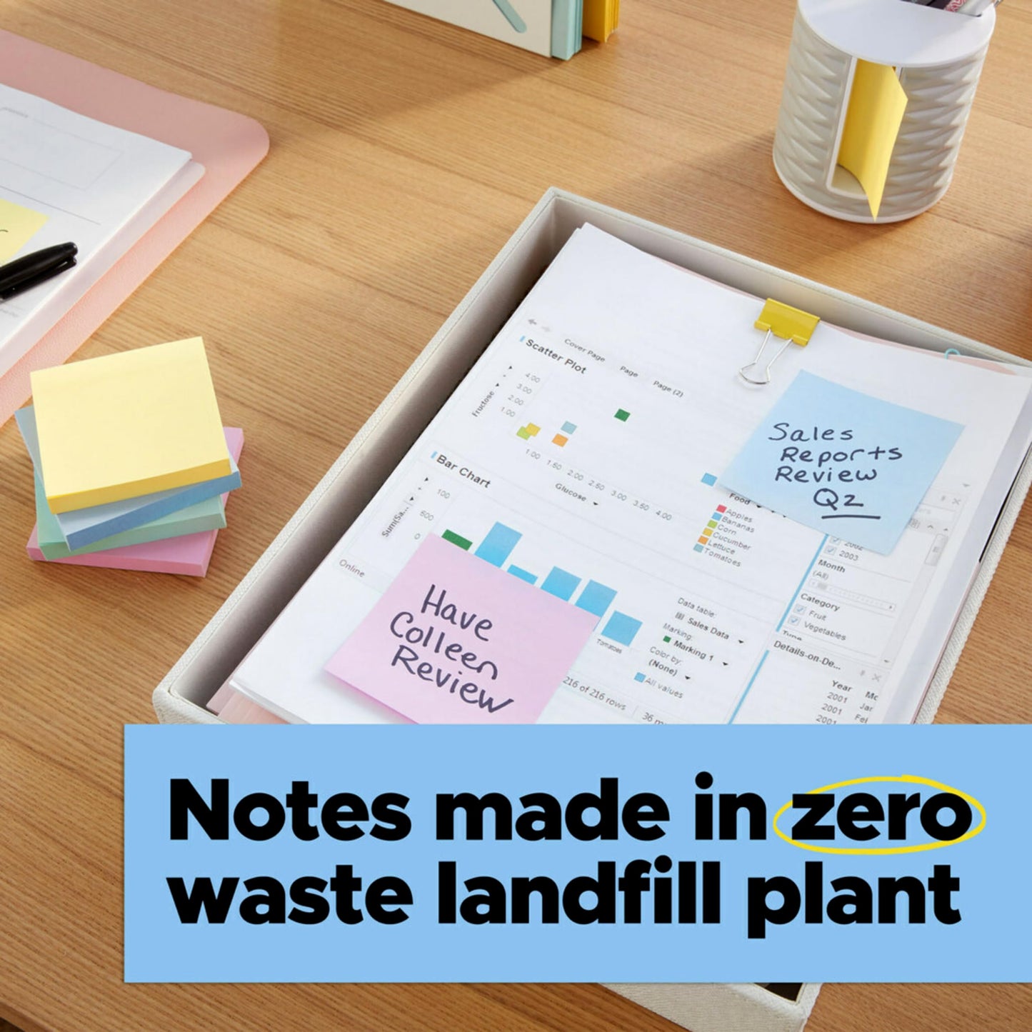 Post-it 100% Recycled Paper Super Sticky Notes, 3 in. x 3 in., 24 Pads, 70 Sheets per Pad, Oasis Collection, School Supplies and Office Products