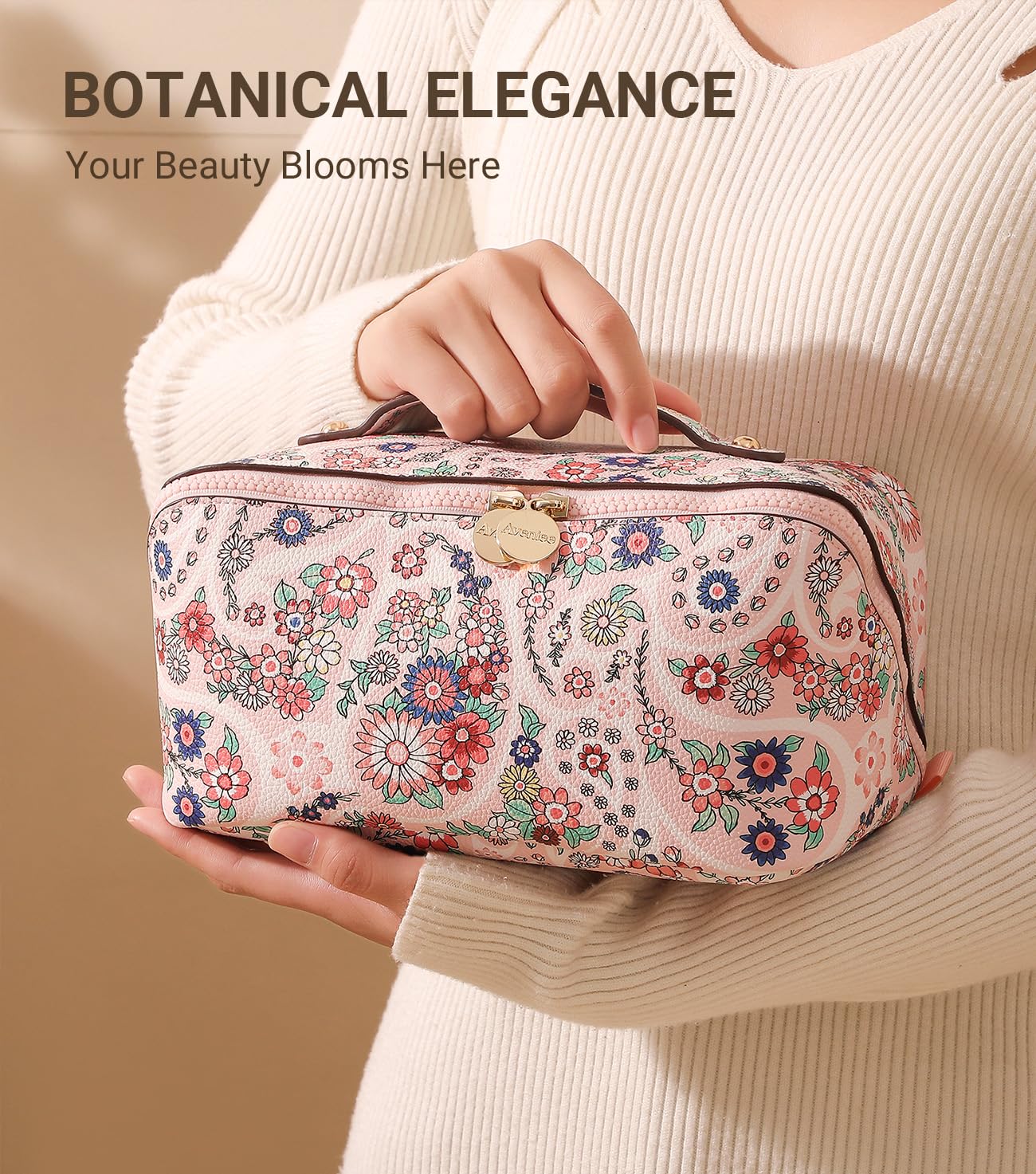Aveniee Travel Makeup Bag for Women, Large Cosmetic Organizer with Open-Flat Design, Clear Divider & Handle - Waterproof PU Leather Toiletry Case (Floral Pattern)