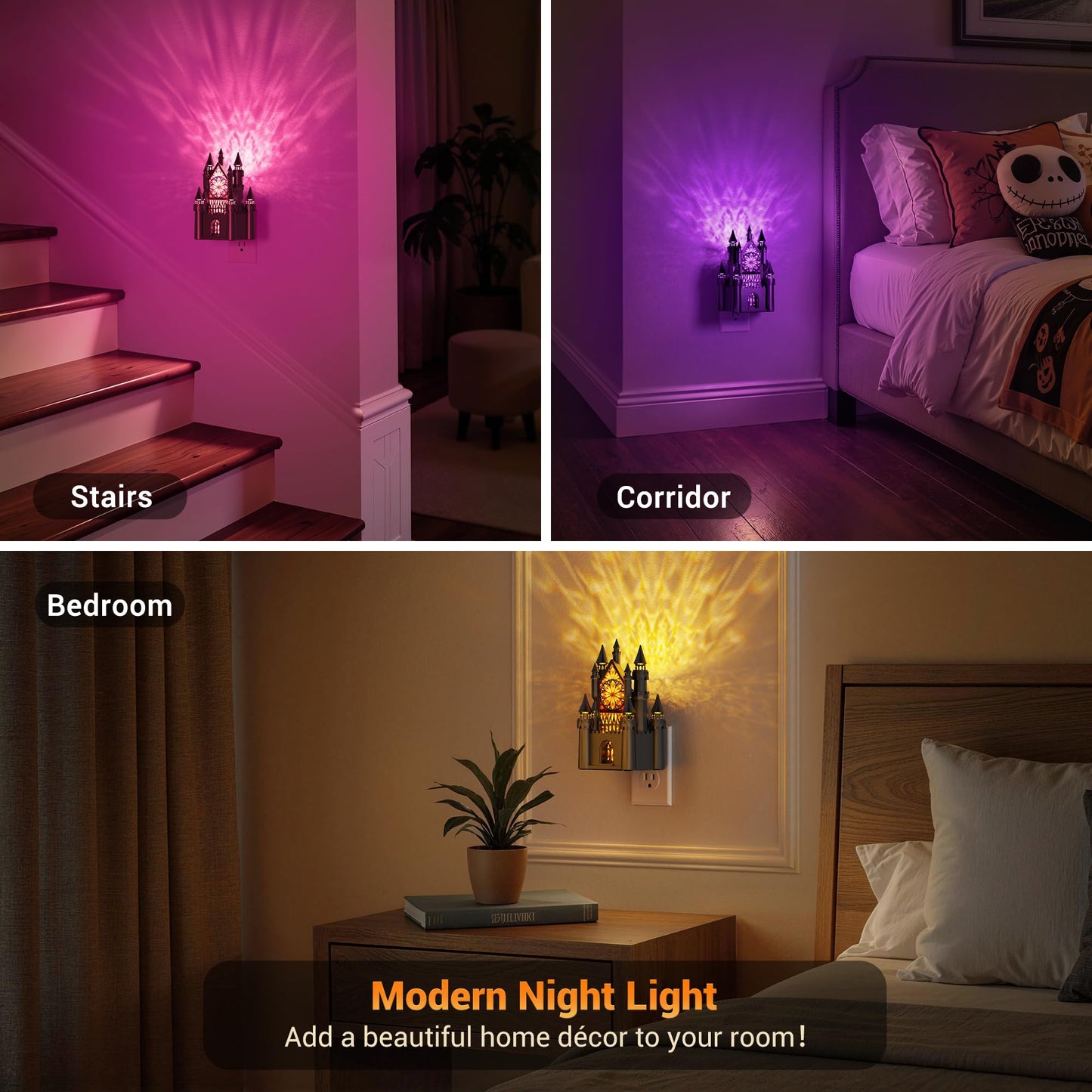 JandCase Night Lights Plug into Wall, 2 Pack Castle & Church Decor Night Light with Diamond Lens,RGB & 3000K Change Nightlight,Dimmable Nightlights with Dusk to Dawn Sensor for Rooms Hallway