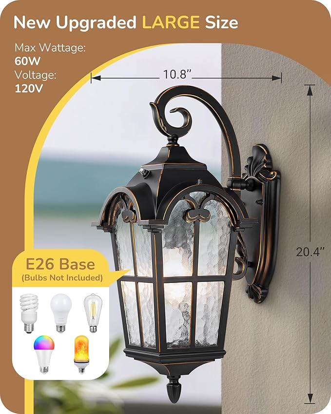 EDISHINE Dusk to Dawn Outdoor Wall Lights, 20.4" Large Size Exterior Lantern Fixture, Porch Lights Wall Mount, Roman Wall Lamp, Waterproof Outside Wall Sconce for Front Door Garage, Black