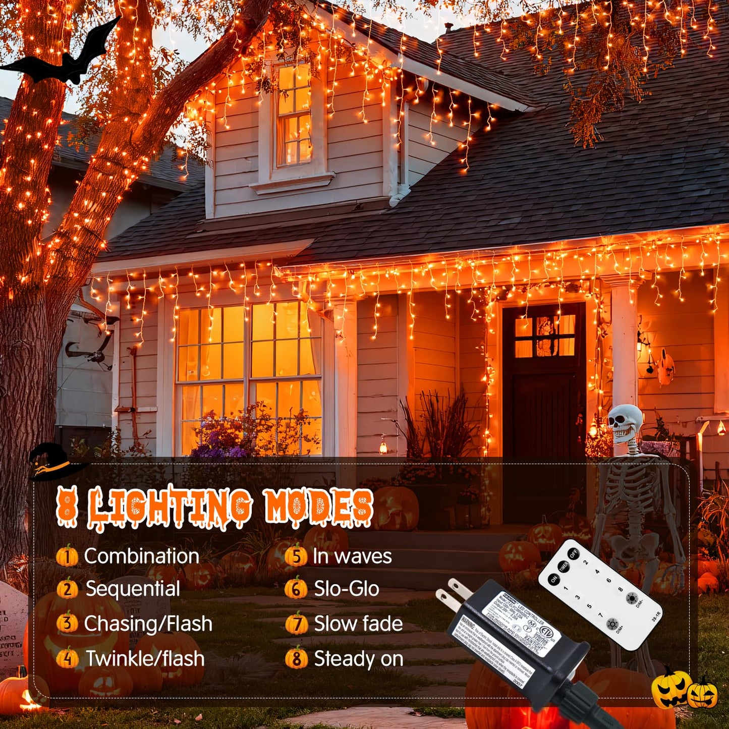 JMEXSUSS Orange Thanksgiving Lights Outdoor, 38.8 FT 400 LED Orange Icicle Lights Outdoor Waterproof, 8 Modes String Light Plug in for Fireplace Tree Garden Patio Thanksgiving Fall Halloween Decor