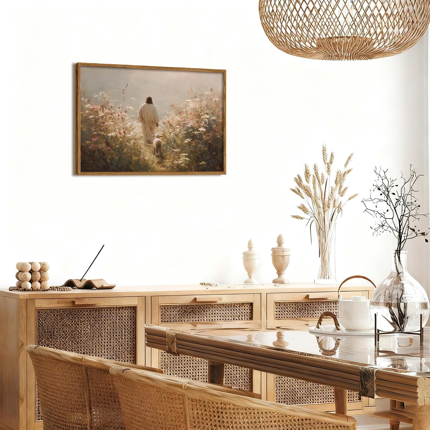 Jesus Leaves the 99 Sheep Wall Art, Christian Jesus and Lamb Pictures Wall Decor Paintings, The Lost Sheep Canvas Prints Religious Home Decor Living Room Bedroom Church Wood Framed 12x16 inch