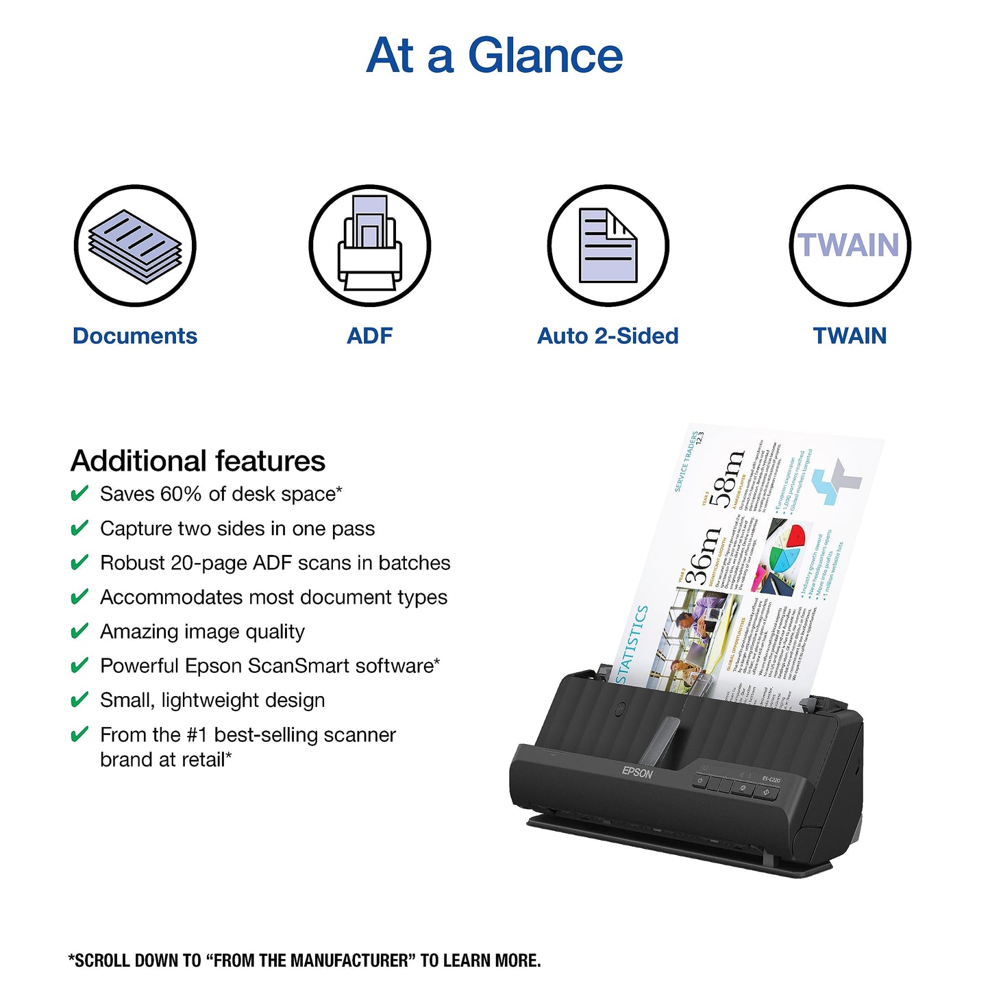 Epson Workforce ES-C220 Compact Desktop Document Scanner with 2-Sided Scanning and Auto Feeder (ADF) for PC as Well as Mac