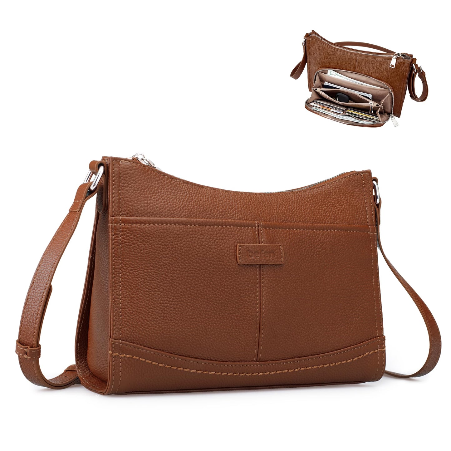 befen Real Leather Crossbody Purse for Women, Women's Small Leather Purses Cross Body Bag with Built in RFID Blocking Wallet Cognac Brown