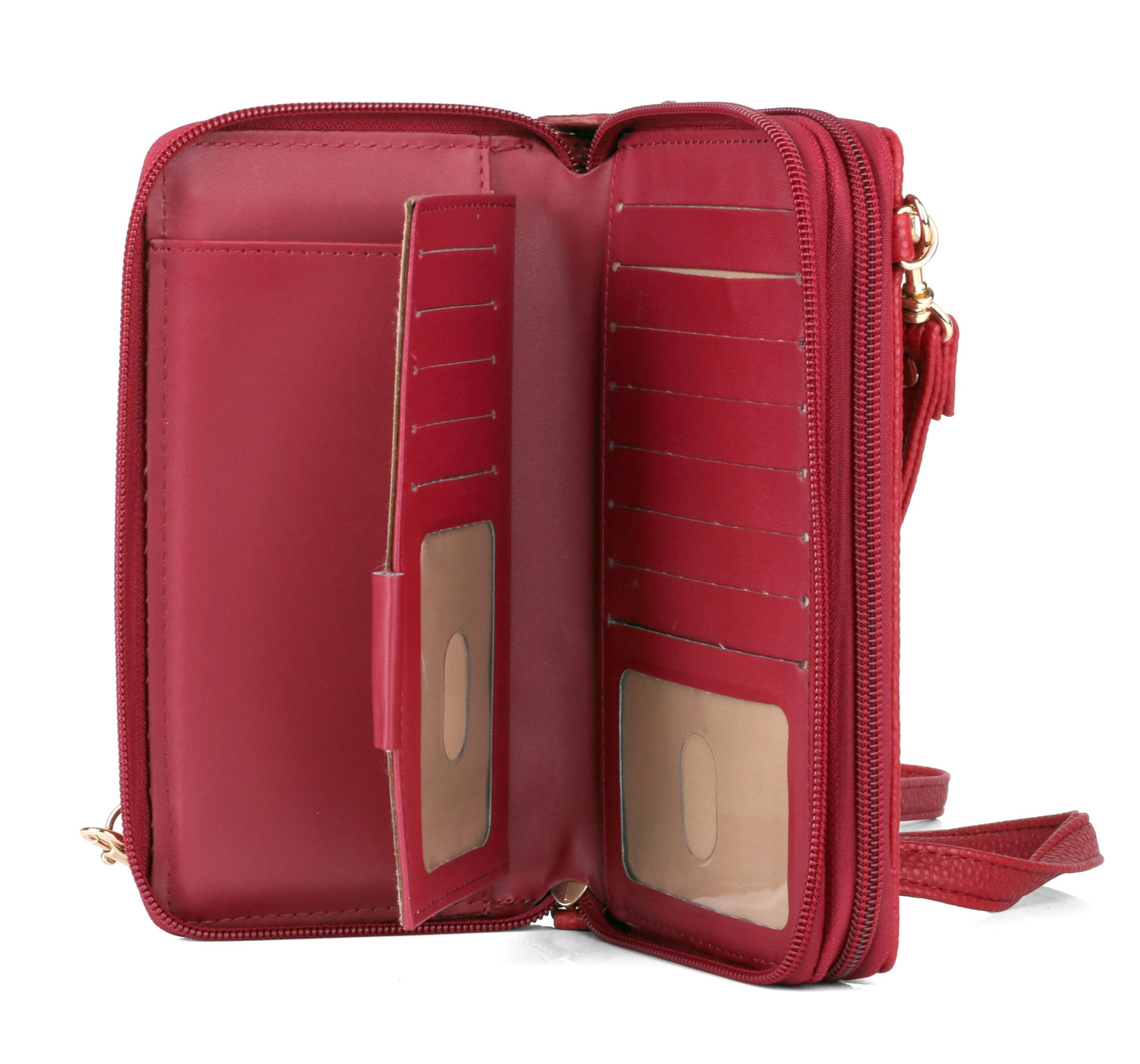 Julia Buxton RFID Blocking Wallet on a String for Women - Compact Crossbody Bag with Removable Wristlet Strap, 15 Card Slots & Multiple Zip Pockets, Red