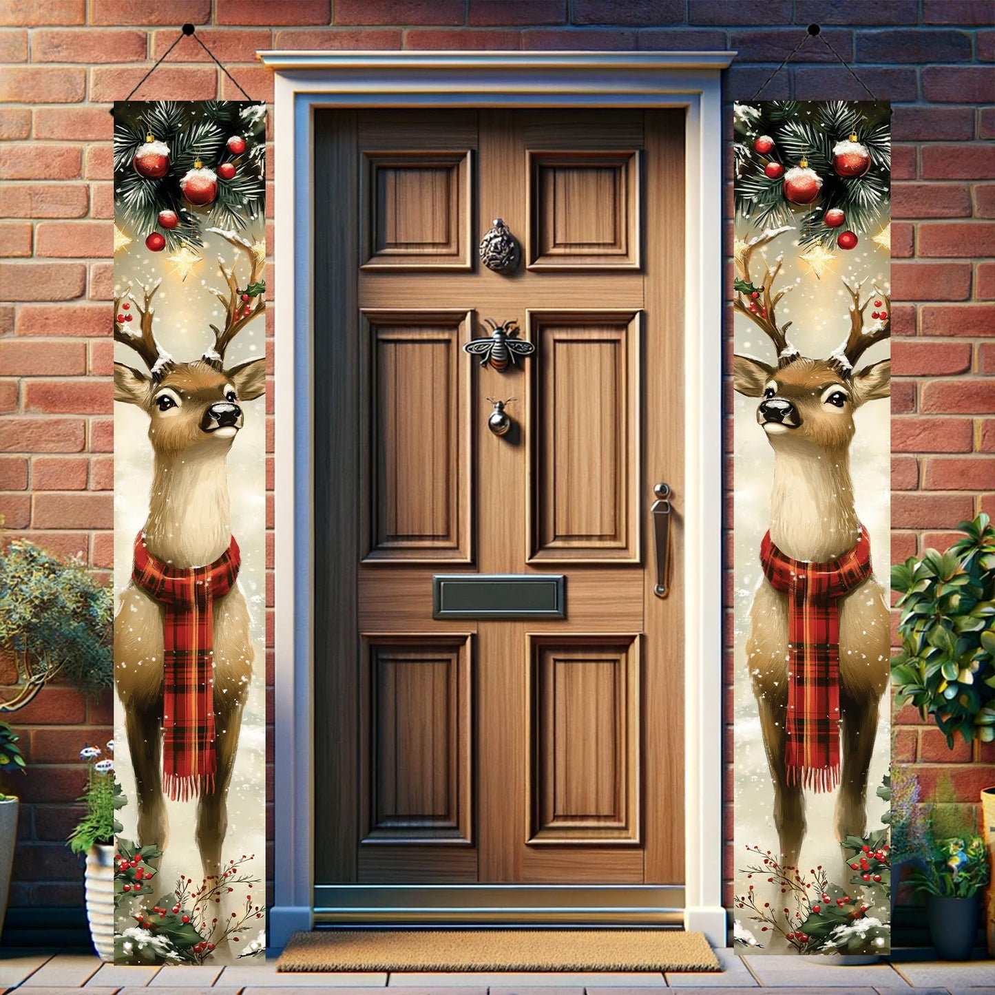 Saoplasa 2PCS Christmas Porch Banner Reindeer with Scarf Vertical Hanging Decorations for Front Door Outdoor Winter Holiday Welcome Sign Plaid Deer Wall Decor Xmas Entryway Background 71 x 12 Inch