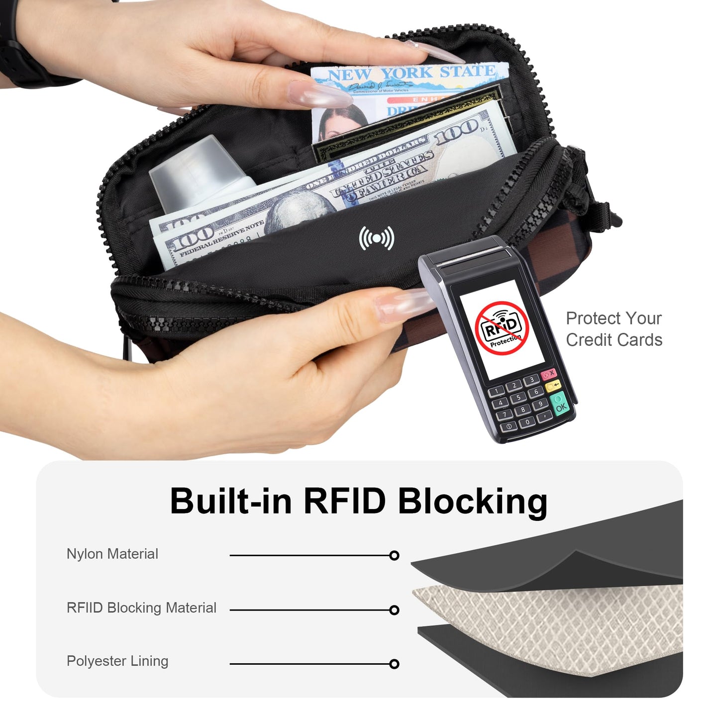 FODOKO Wristlet Wallet for Women RFID Crossbody Bag with 4 Zippers, Small Purse with Card Holder & Phone Pocket, Lightweight Travel Cell Phone Organizer