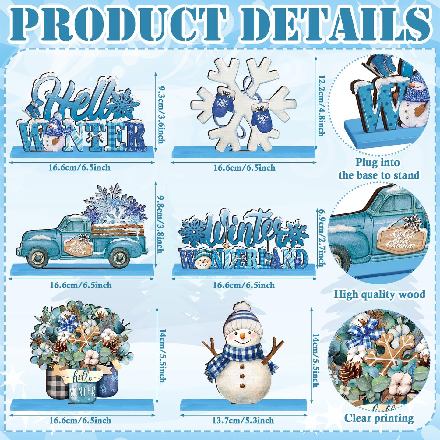 Realspring 6 Pcs Winter Table Decorations Winter Wooden Wonderland Snowflake Snowman Table Centerpieces Blue Christmas Tabletop Signs Rustic Farmhouse Desk Topper for Party Office Decor Supplies