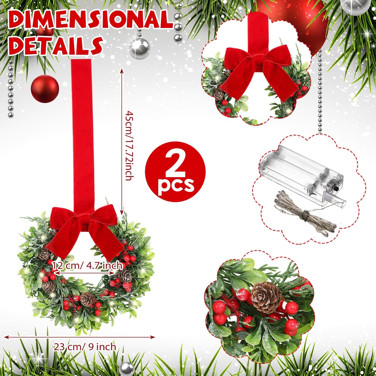 Thiccywoov 2 Pcs 9 Mini Christmas Wreath for Front Door Christmas Artificial Red Berries Parasitic Leaf Winter Wreath for Cabinet Wedding Window Home Wall Indoor Decor