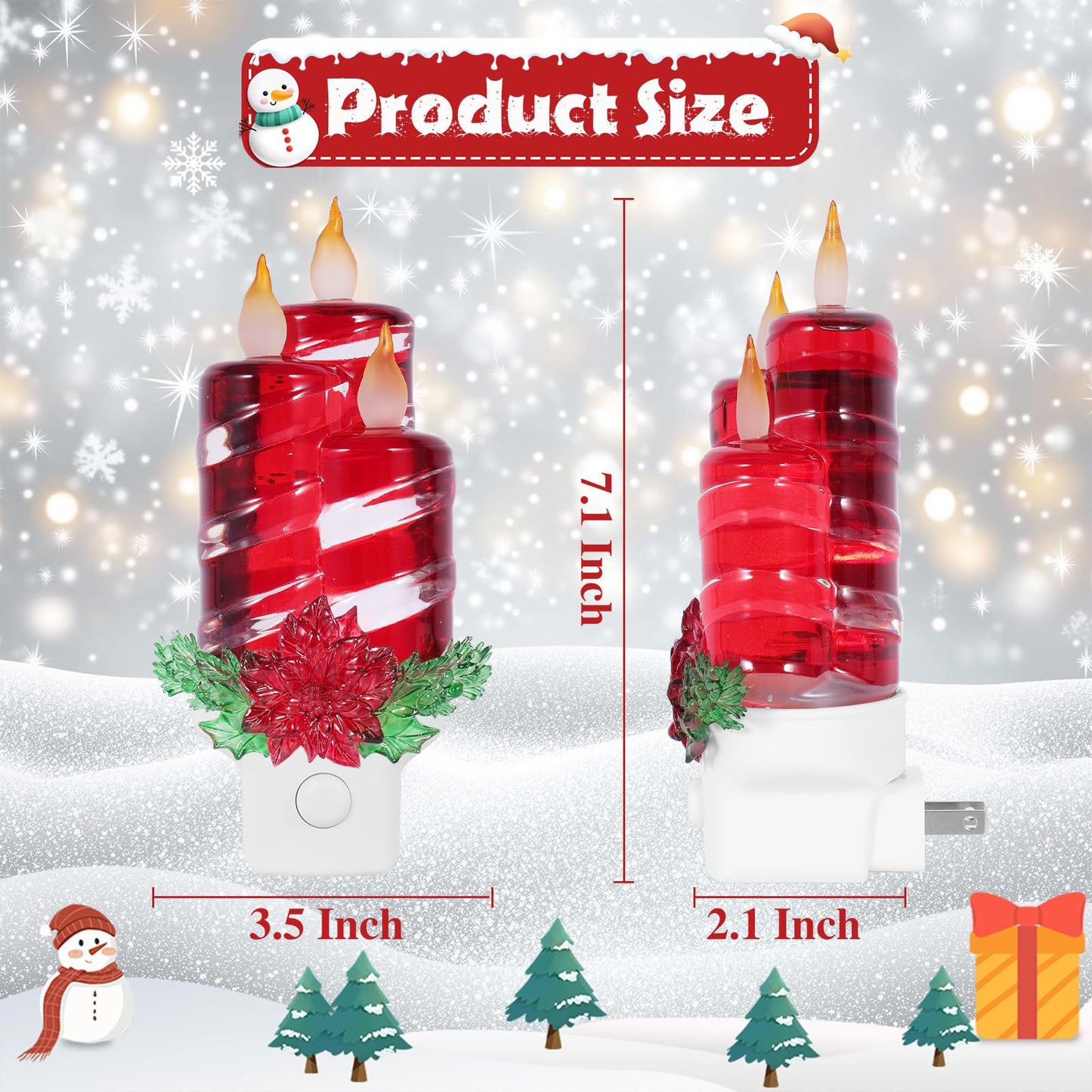 Christmas Candle Night Light Plug into Wall Glitter Water Nightlight with USB/Outlet Options, Christmas Decorative Nightlight for Bedroom Kitchen Nursery Hallway Holiday Decorations Gifts (Red Candle)