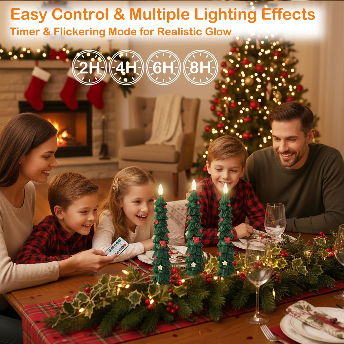 FYBW Christmas Tree Flameless Taper Candles with 10-Key Remote Timer,4 Pcs Green LED Taper Candles with 3D Flame for Holiday Dinner Decorations(Green-A)