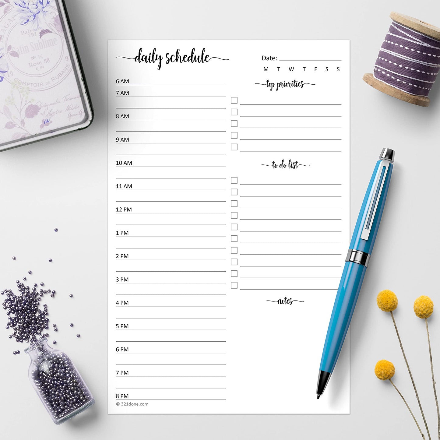 321Done Daily Schedule Planning Notepad - 50 Sheets (5.5x8.5) – Hourly Appointment Daily Planner To Do Checklist Tear-Off Note Pad - Made in USA - Simple Script Half-Letter Small Size