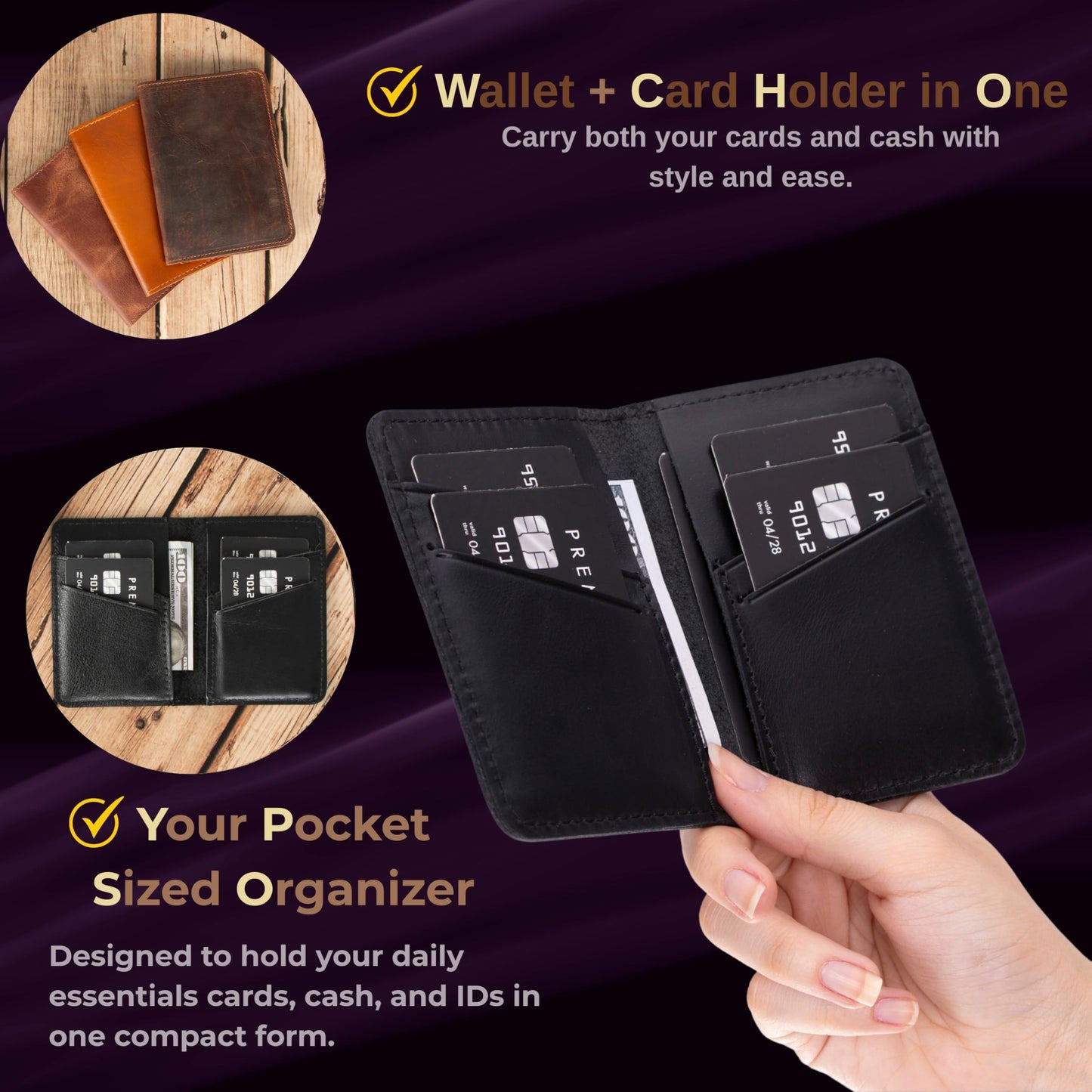 VENOULT Genuine Leather, Bi-fold Card Holder, Wallet with 4 Credit Card and 2 Cash Slots for Man or Women, (4.3 x 3.1 x 0.25 in), Slim Minimalist Design, Handcrafted (Rustic Black)