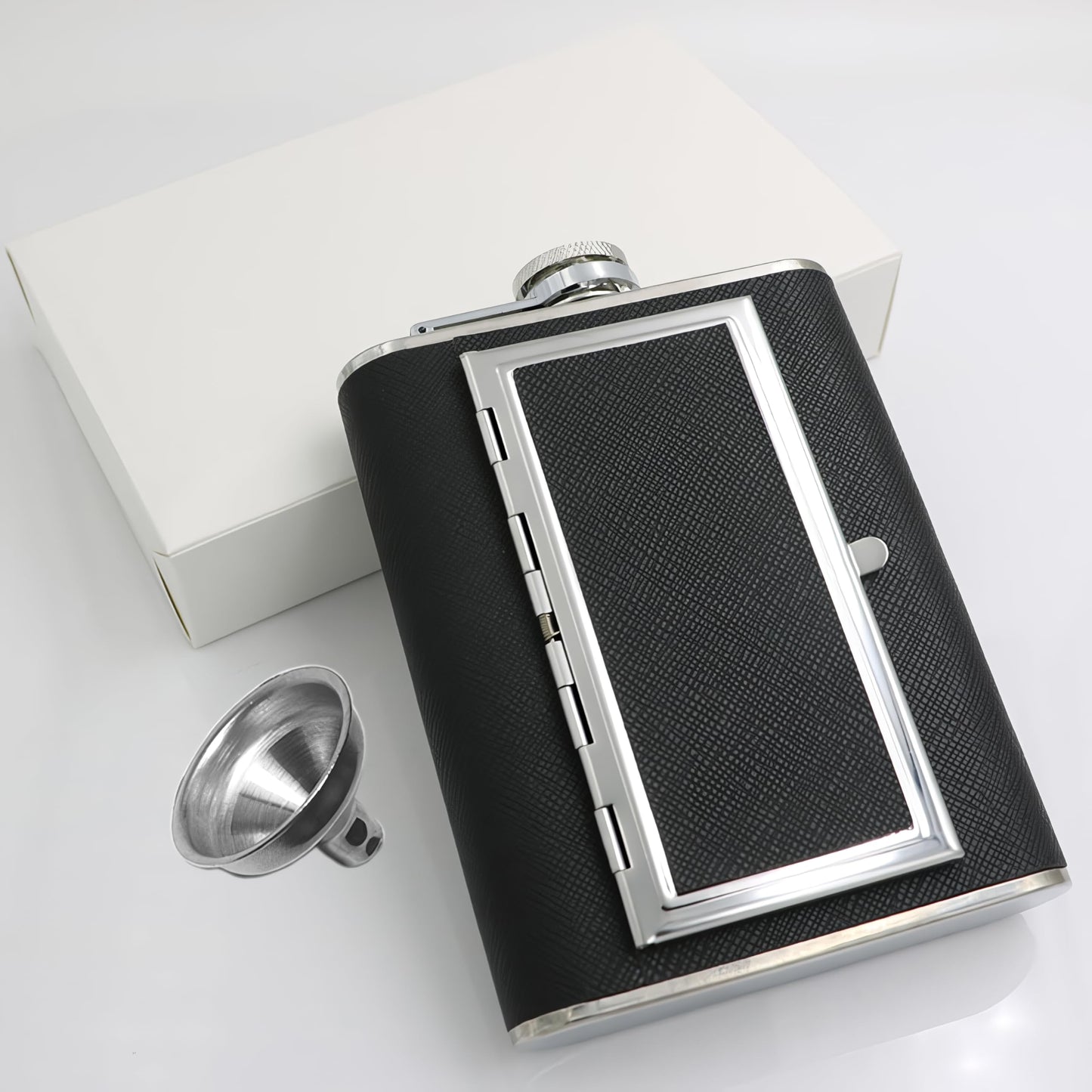 CNFLASK 6oz/180ml Black Leather Wrapped Hip Flask with Built-in Cigarette Case & Funnel
