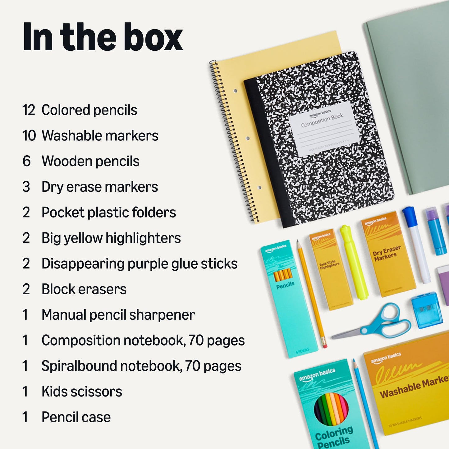Amazon Basics 44-Piece School Supplies Student Success Kit - Complete School Supply Box with Study Essentials, Organization Tools & Classroom Basics, Multicolor