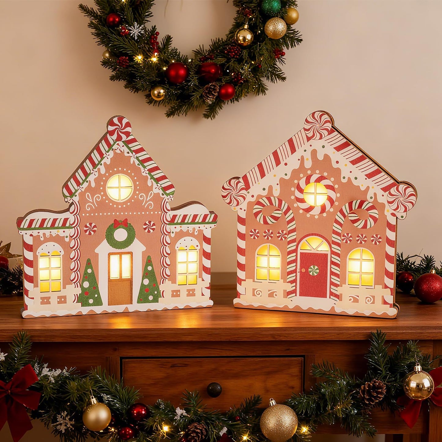 APUDWN 2 Pcs Lighted Gingerbread House Christmas Decorations, Lighted Wooden Village Set Centerpieces Battery Operated LED Gingerbread Decor for Home, Kitchen, Mantel, or Shelf Display, Gifts for Xmas