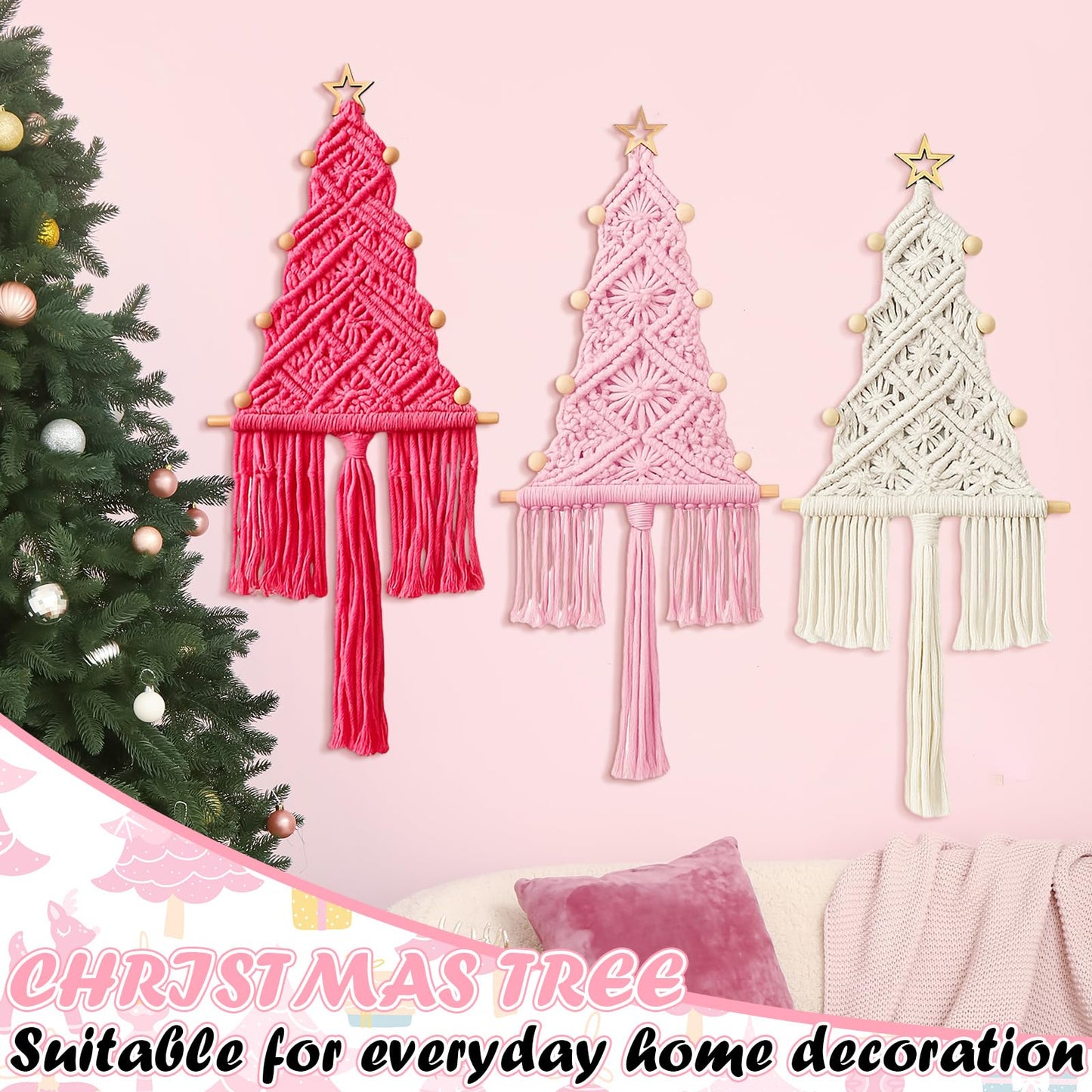 HunnmingRe 3 Pcs Large Macrame Christmas Tree Macrame Christmas Wall Decoration Hanging Ornaments Boho Wall Decor for Party Supplies (Beige,Light Pink and Dark Pink)
