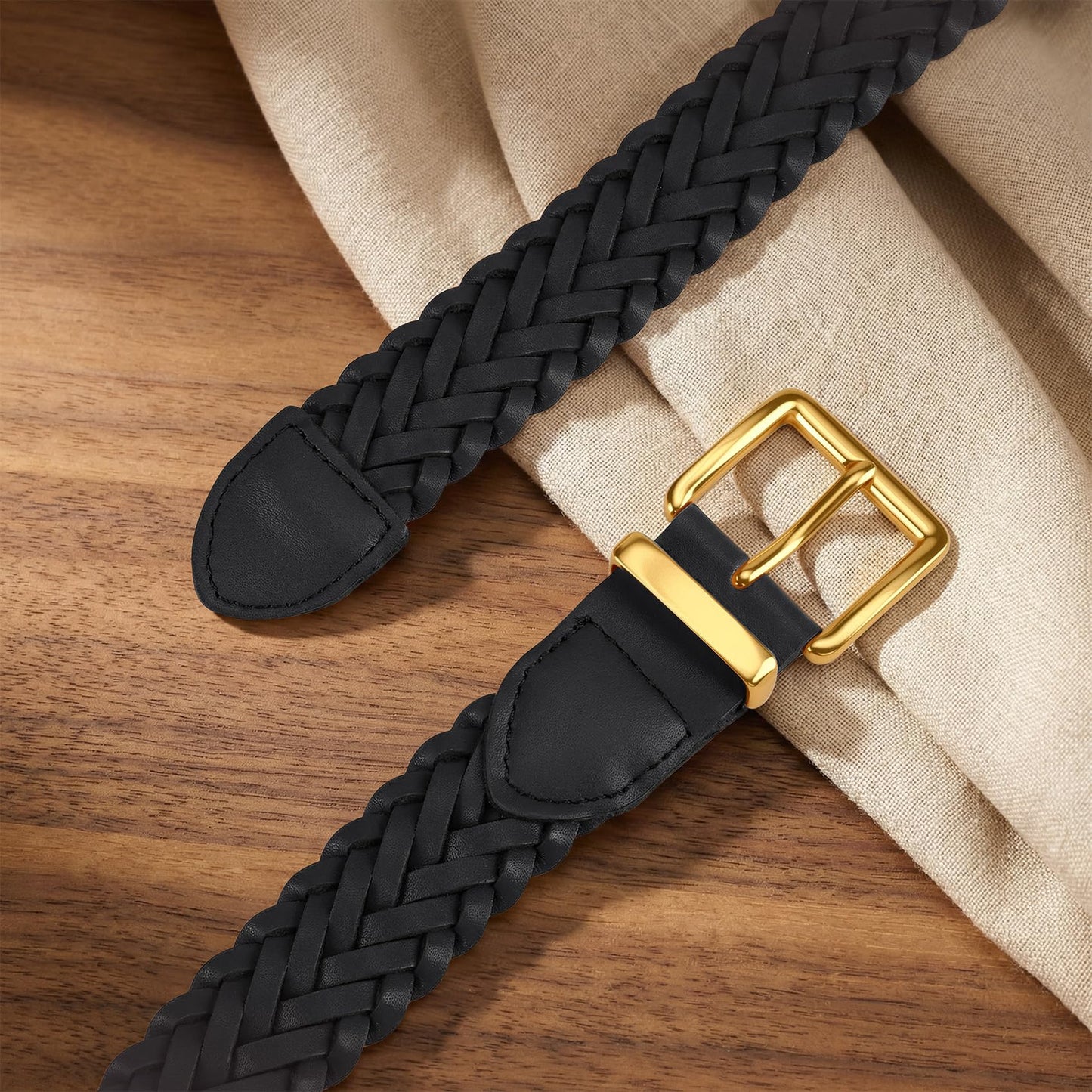 TRIWORKS Women's Braided Woven Leather Belt with Gold Buckle Belts for Women Versatile for Jeans Pants Dress