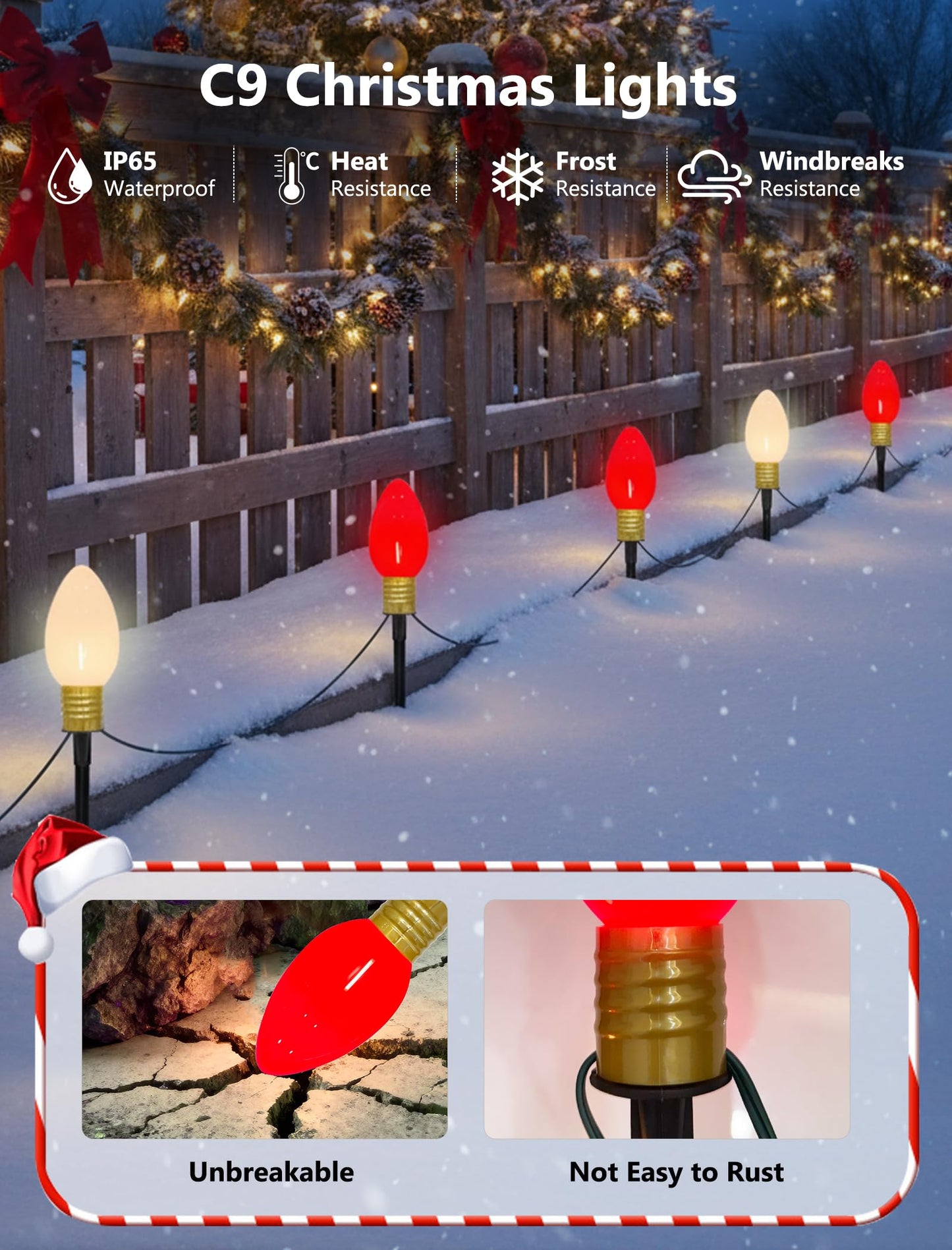 2 Pack Jumbo C9 Christmas Pathway Lights, 14FT Red & White LED Outdoor Path Lights, Waterproof Connectable Giant C9 Pathway Markers for Yard, Garden, Walkway, Christmas Decorations