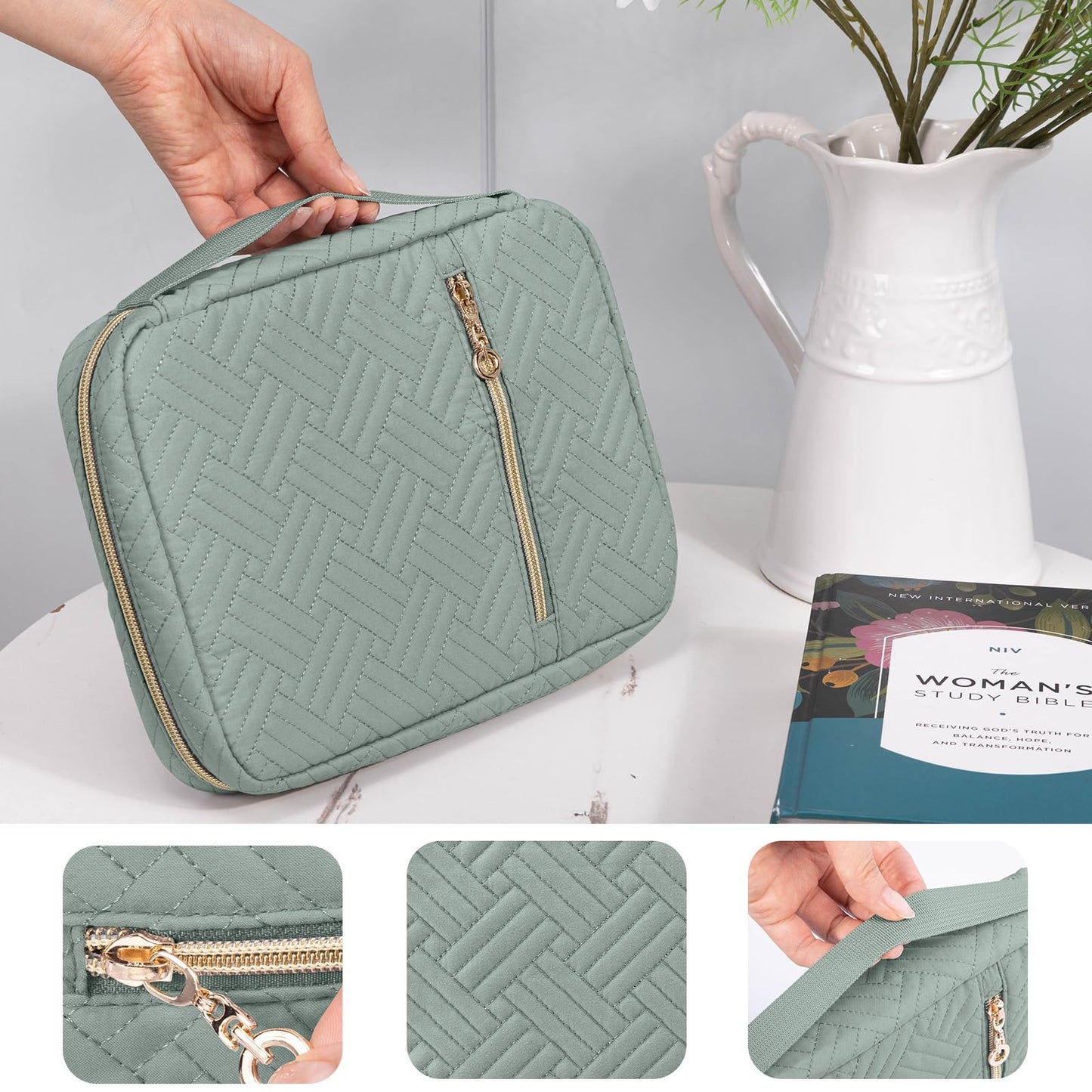 APLUFINE Quilted Bible Cover for Women, Large Bible Bag with Handle & Shoulder Strap, Bible Study Supplies Organizer, Zipper Bible Carrying Case, Christian Gift Book Cover Fits 9 x 6 Bible