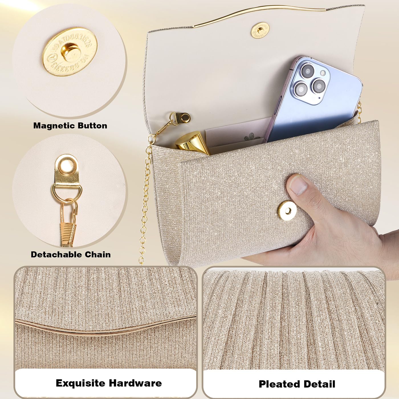 Clutch Purses for Women Formal Dressy Evening Bag Handbags Crossbody Bag for Wedding Cocktail Prom Party Elegance Charm (Champagne)