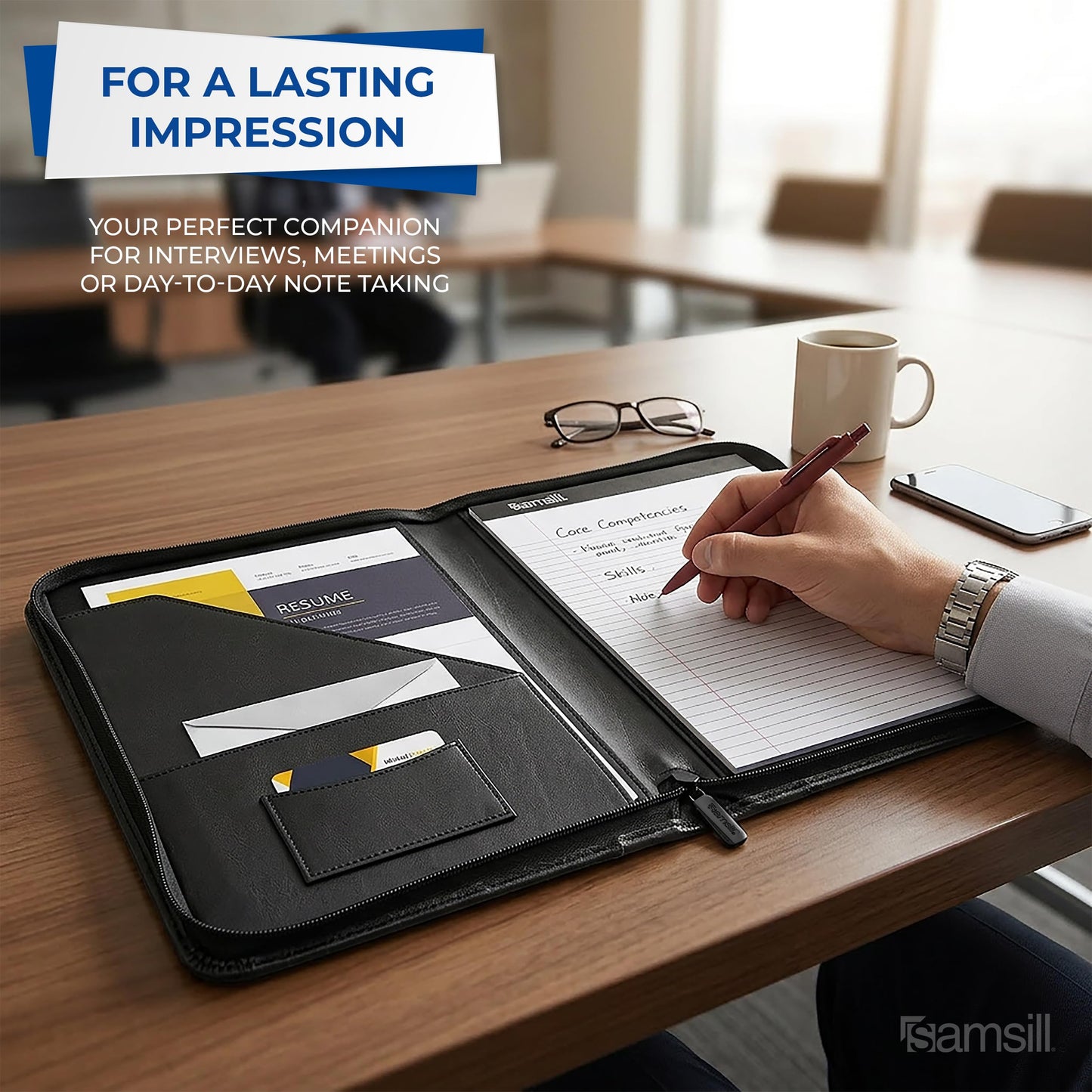 Samsill Contrast Stitch Leather Zippered Portfolio Folder/Business Portfolio for Men and Women, Resume/Document Organizer with Writing Pad, Black (71720)