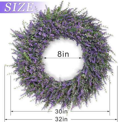 32'' Large Eucalyptus and Lavender Wreath for Front Door, Porch, Window- Artificial Eucalyptus Leaves with Lavender Wreath for Home, Farmhouse Wall Decor- Spring, Summer, Fall, All Seasons (Purple)