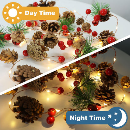 Christmas Garland with Lights, 6.6FT Pinecones Christmas String Lights with Red Berries, Bells & Needles, 20 LED Battery Operated Prelit Garland for Christmas Decorations Indoor/Outdoor (Warm White)