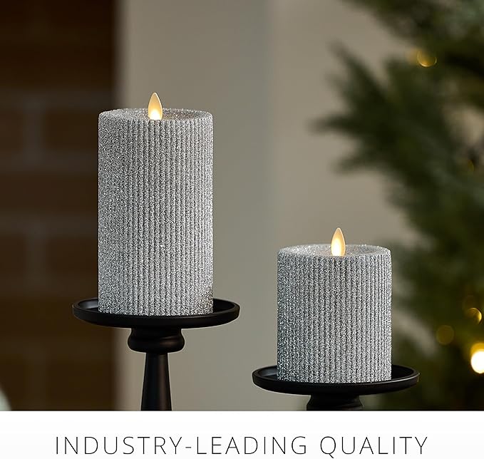 Luminara Brilliant Silver Glitter Ribbed Flameless LED Candle Moving Flame Pillar, Real Wax, Flat Top, Timer (3.25" x 4.5")